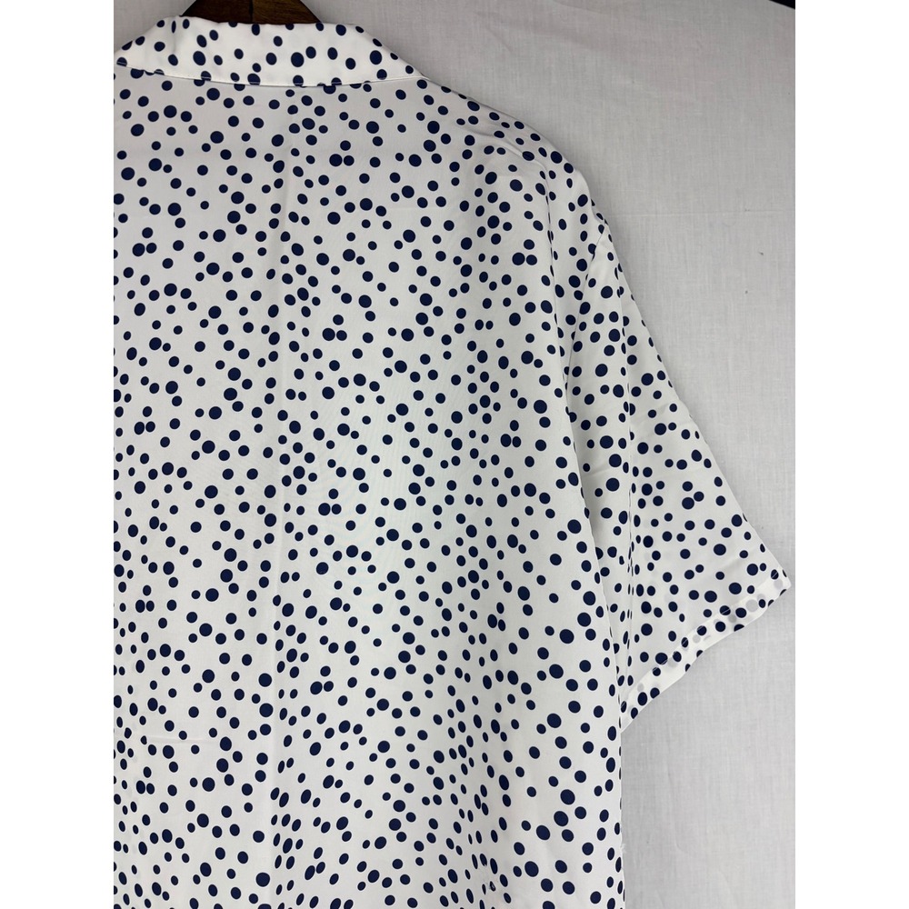 Polka Dot Button Down Short Sleeve Camp Collar Shirt White Navy Blue Blouse - Picture 7 of 13